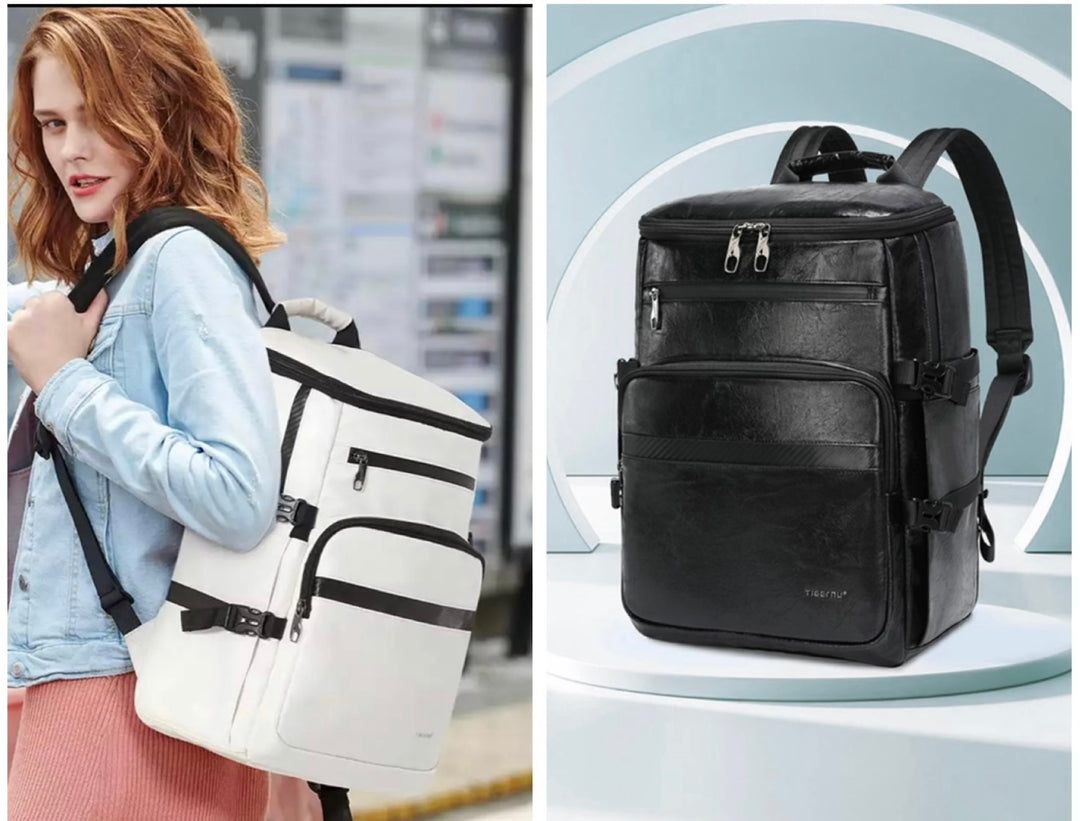Large waterproof rucksack with multiple pockets and a padlock