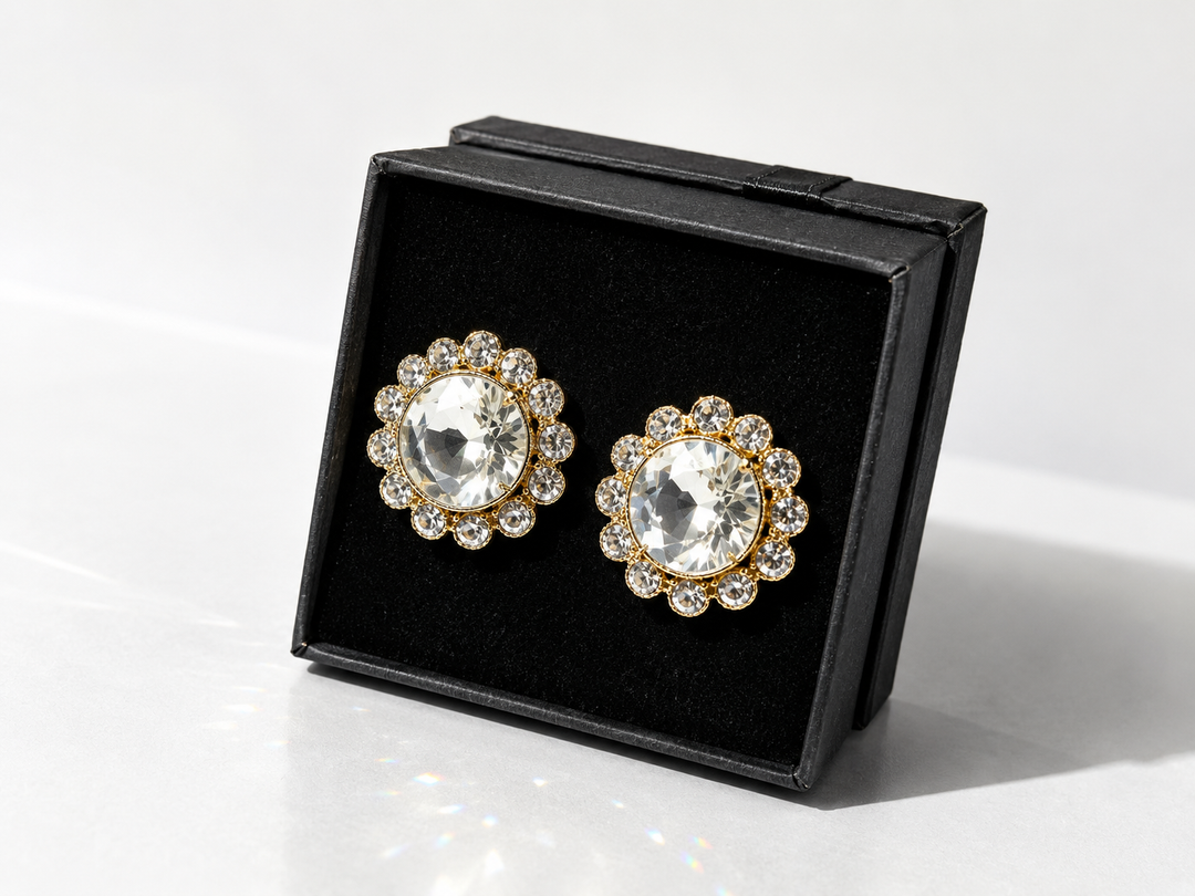 Gold tone crystal halo stud earrings with large centre stone and sparkling surround
