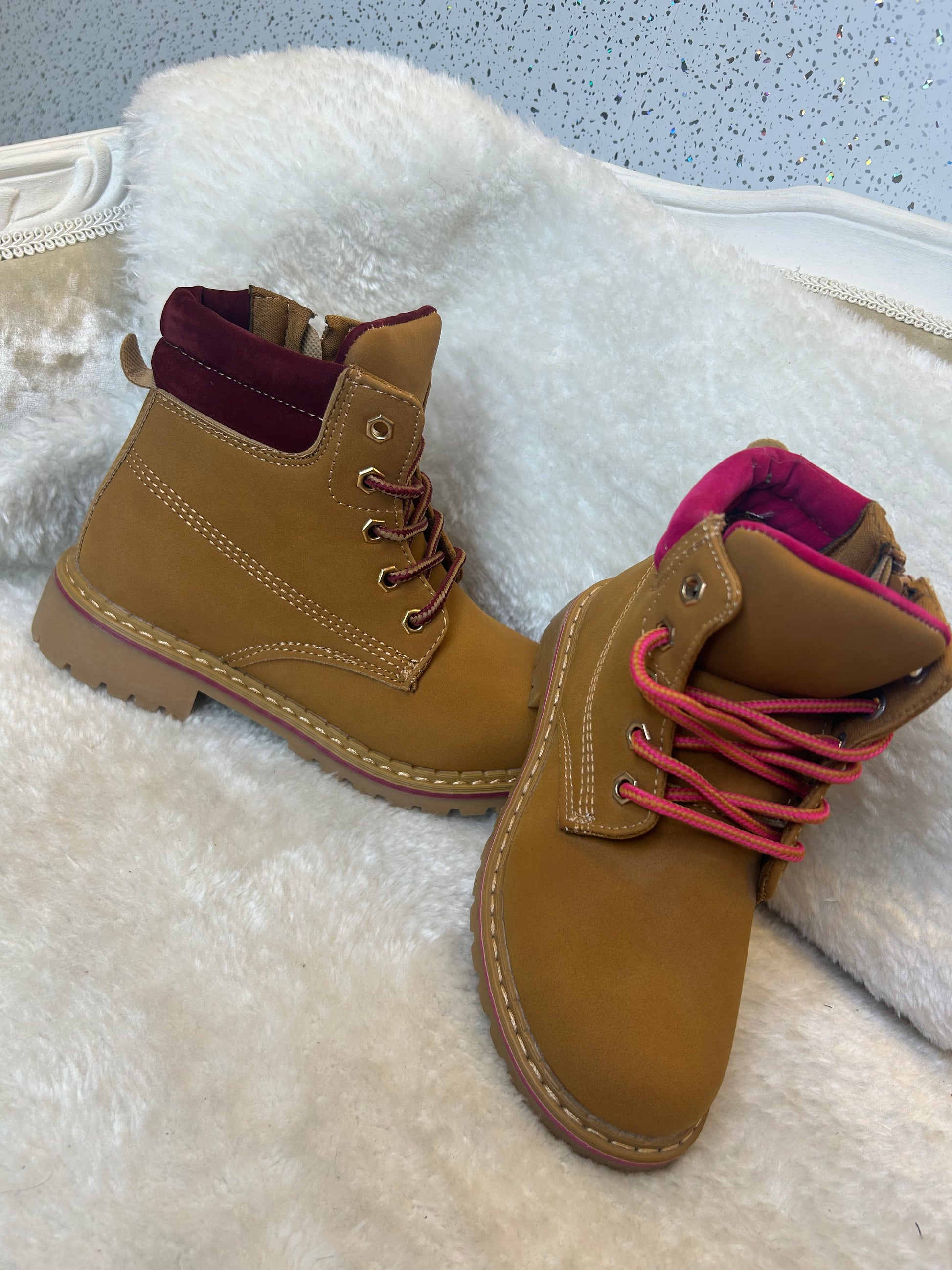 Burgundy and hot pink still camel walking boots 