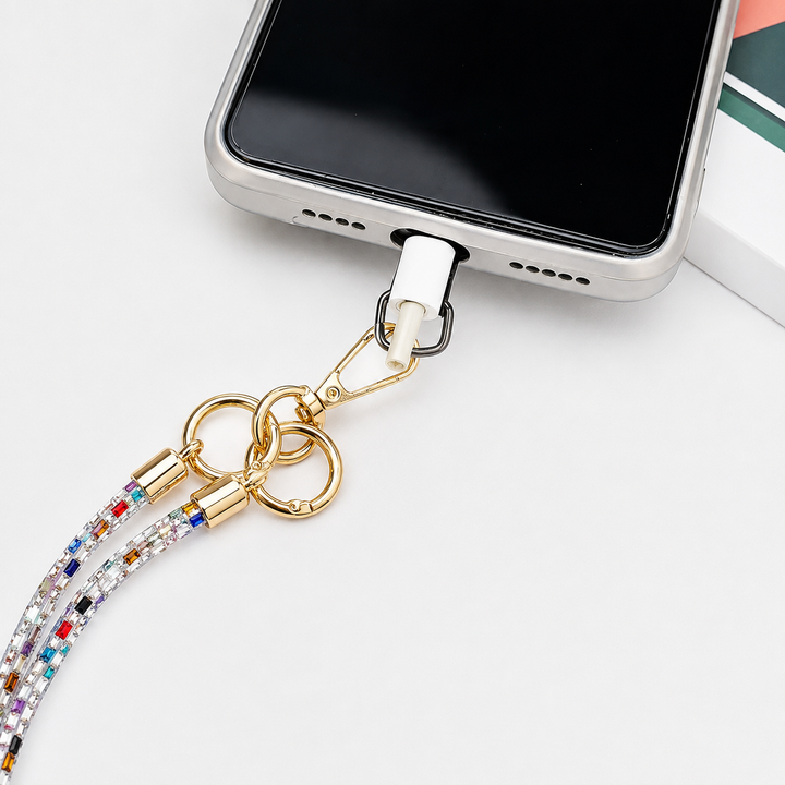 Multicoloured crystal phone lanyard strap with gold-tone clips and phone case attachment