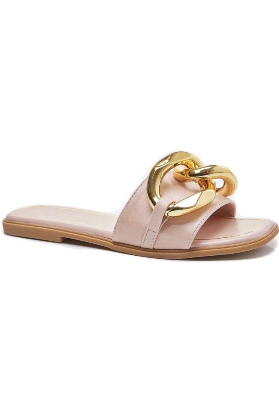 Nude pink sliders with gold chain detail