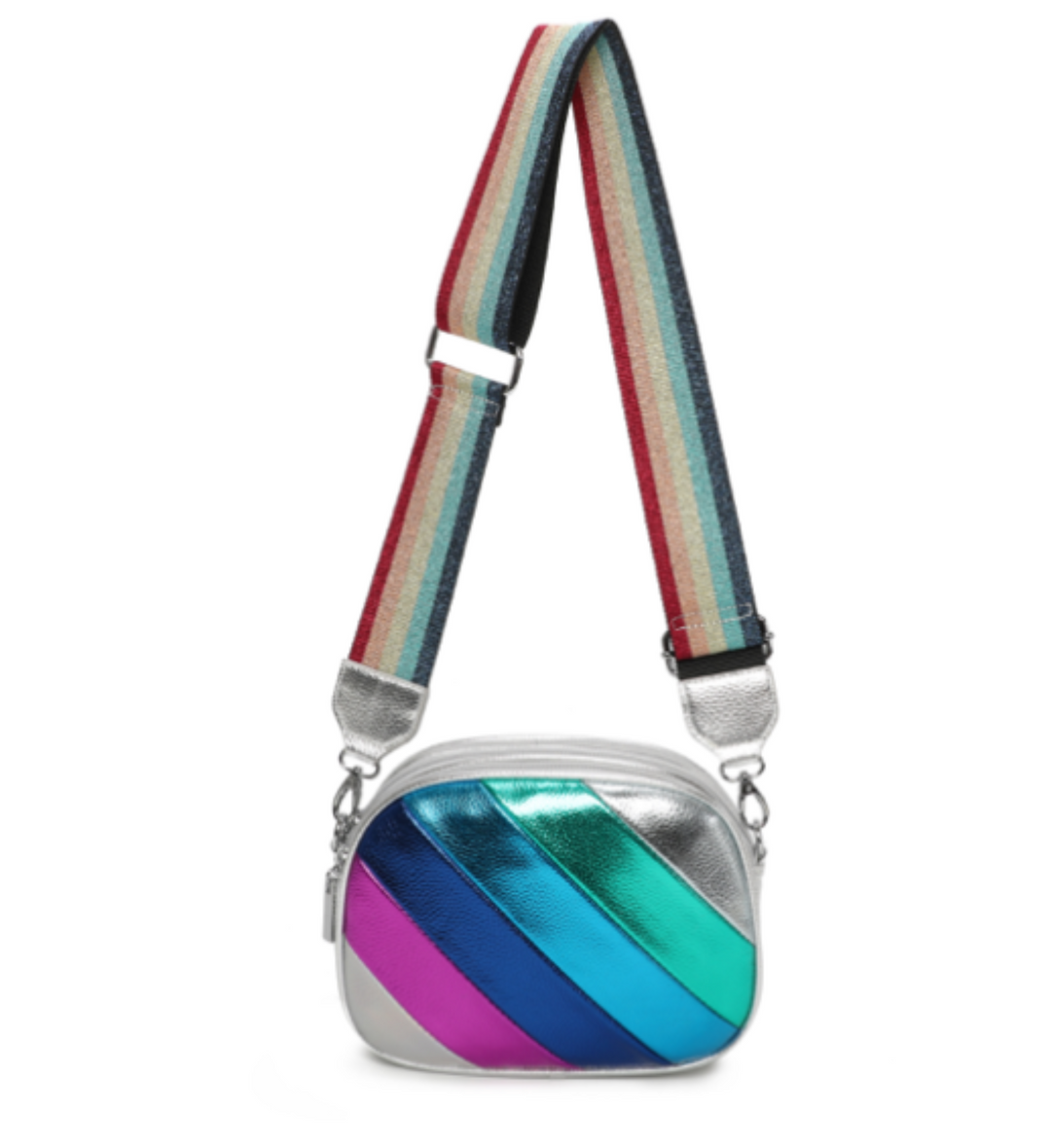 Multicoloured metallic striped crossbody bag with glittery strap 