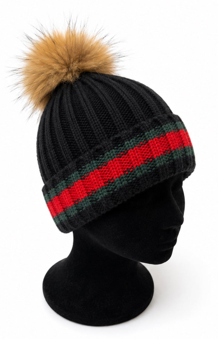 Luxury Ribbed Knit Bobble Hat with Removable Faux Fur Pom Pom