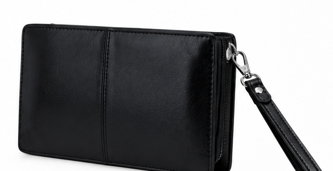 Black expandable purse with wrist strap and silver hardware 