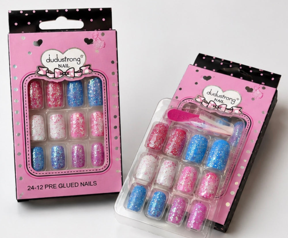 24-piece glitter press-on nail set featuring pink, blue, white and lilac holographic nails 