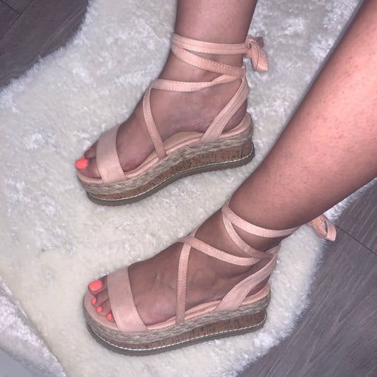 Pink wedge wrap around ankle sandals