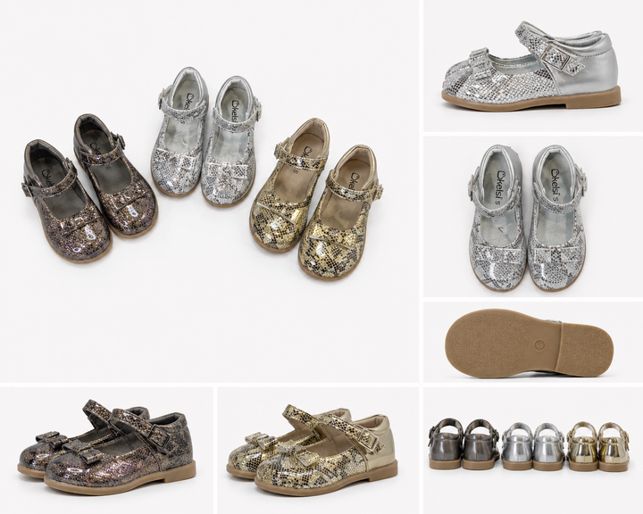 Girls glitter shoes with buckle strap and bow detail in snake print design 