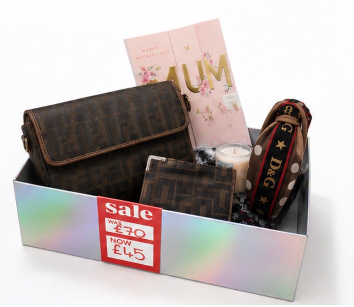 Mother’s Day bundle box including scarf, handbag, purse, headband, card, and a candle. 