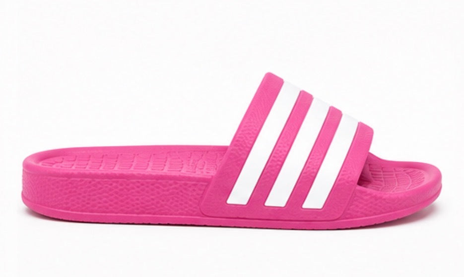 Pink slider sandals with white stripe detail