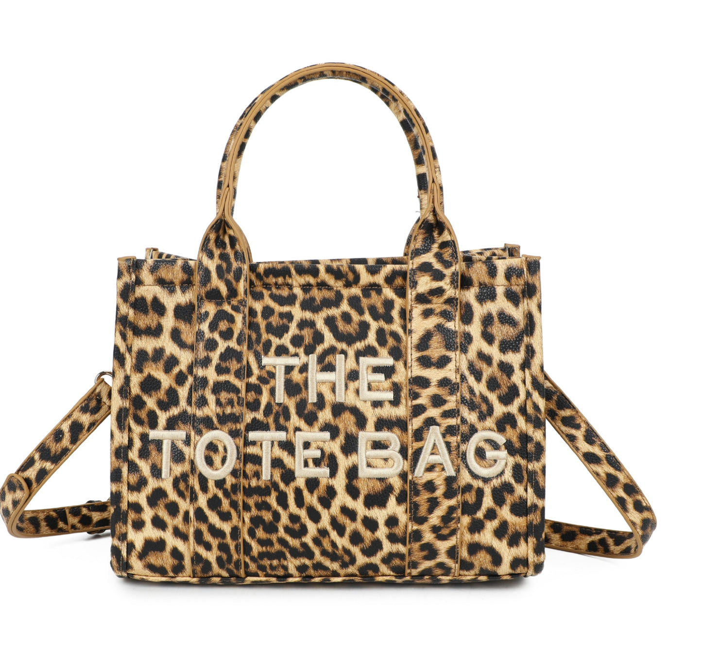 Leopard print tote bag with 'THE TOTE BAG' text with a adjustable detachable long strap