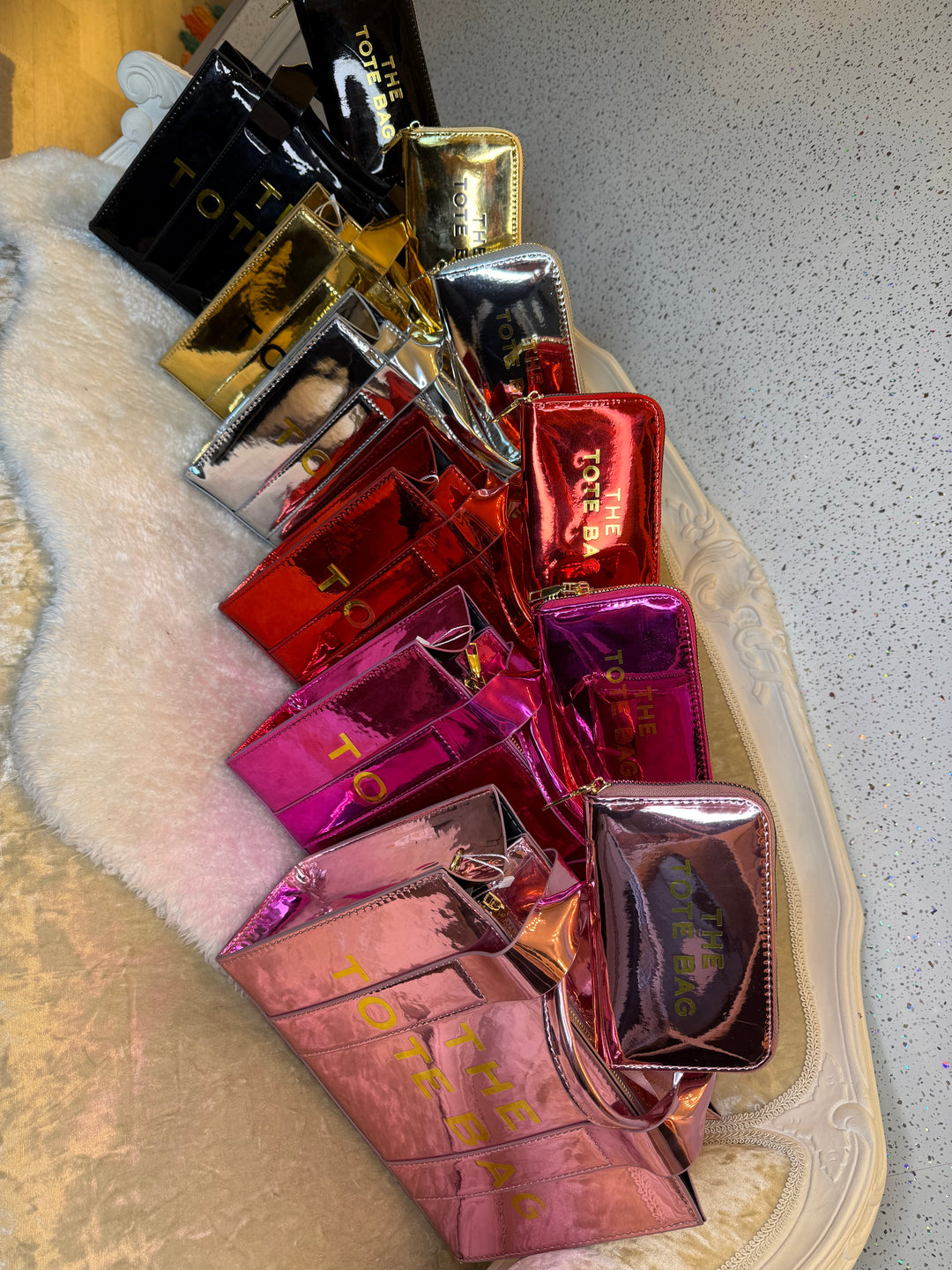 Metallic patent small tote bag and purse set