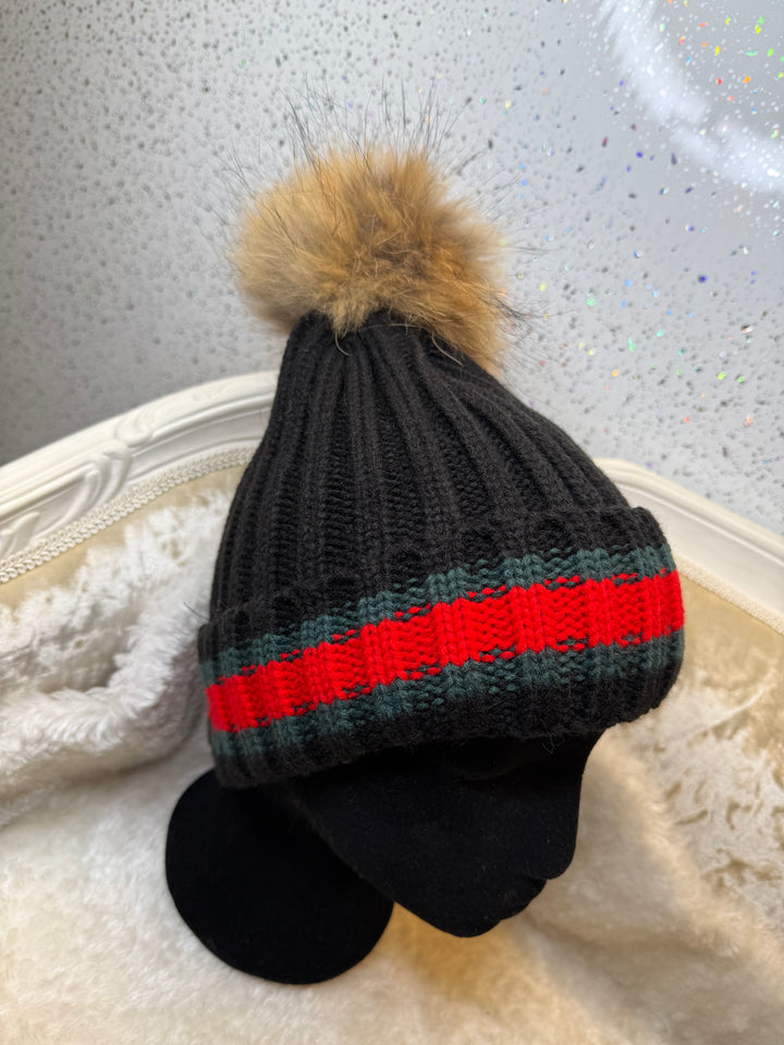 Stripe Hat with Removable Fur Pom Pom