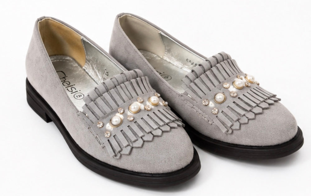 Grey girls suede loafers with pearl and diamanté fringe detail