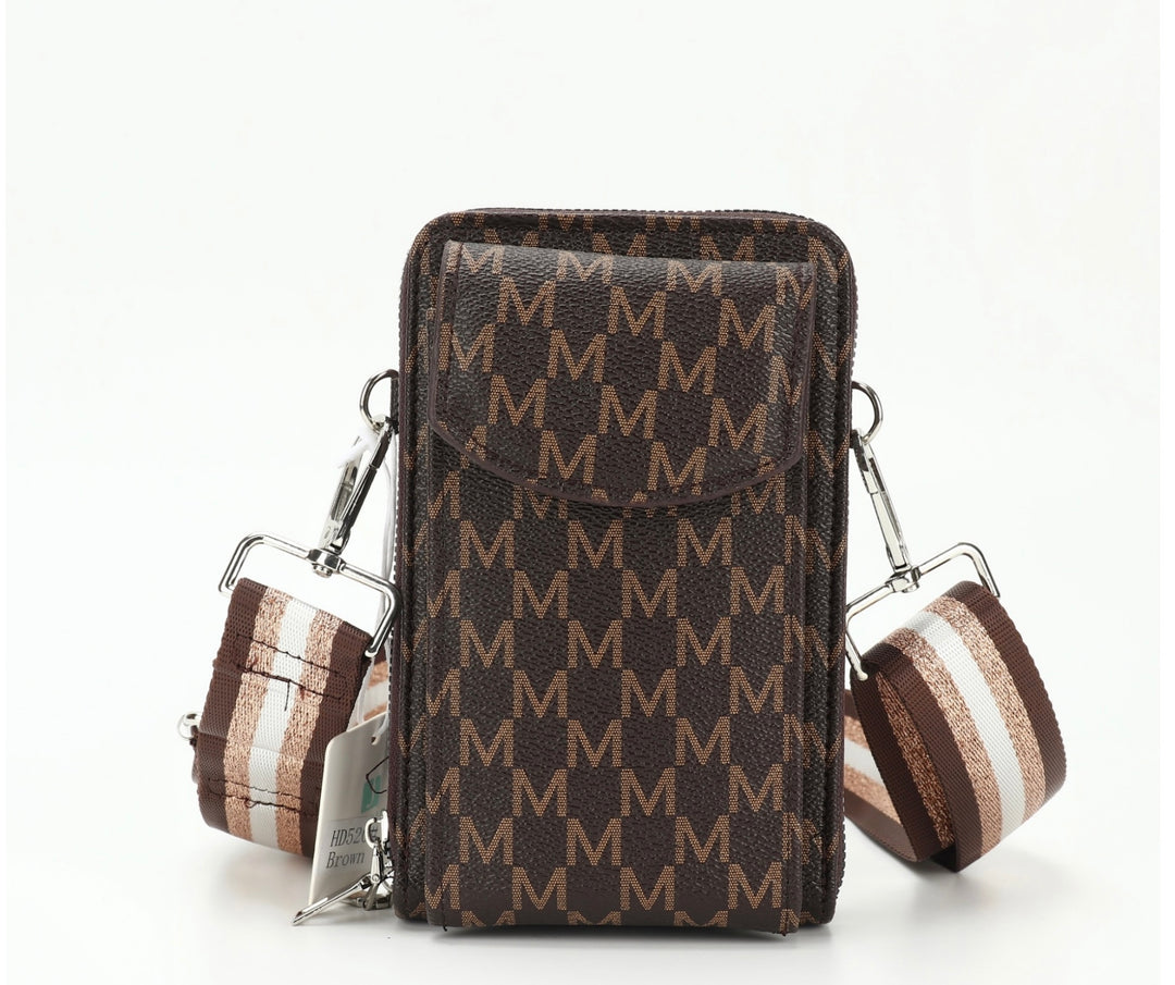 Brown Colourful crossbody phone purse bag with jazzy strap
