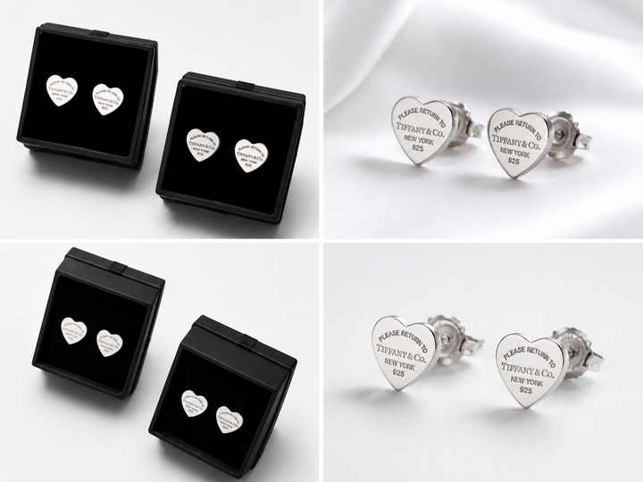 Silver heart-shaped stud earrings with engraved detail
