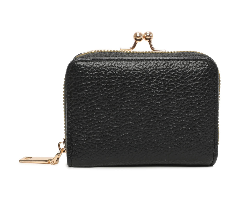 A black  clutch purse with gold detail and a zipper closure.