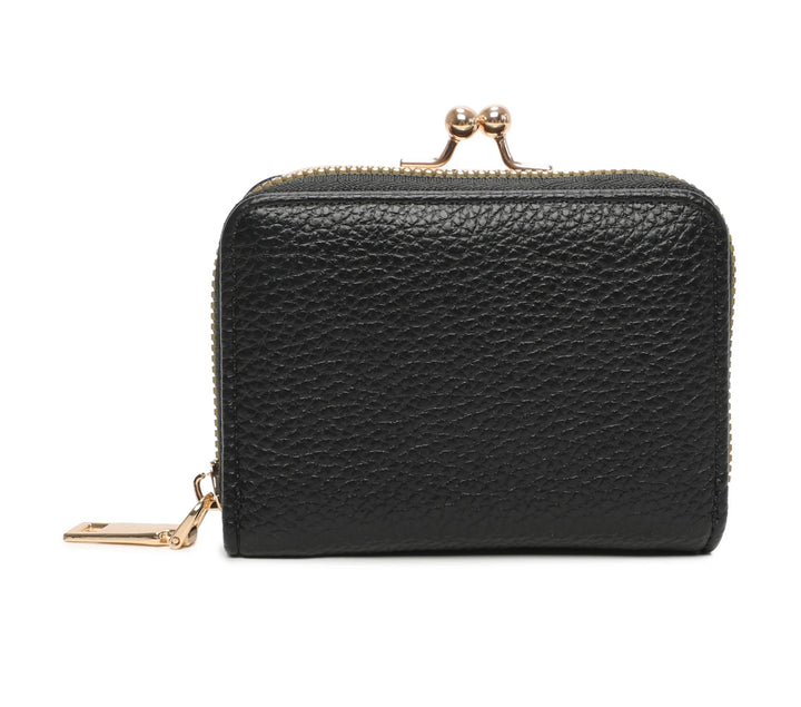 A black  clutch purse with gold detail and a zipper closure.