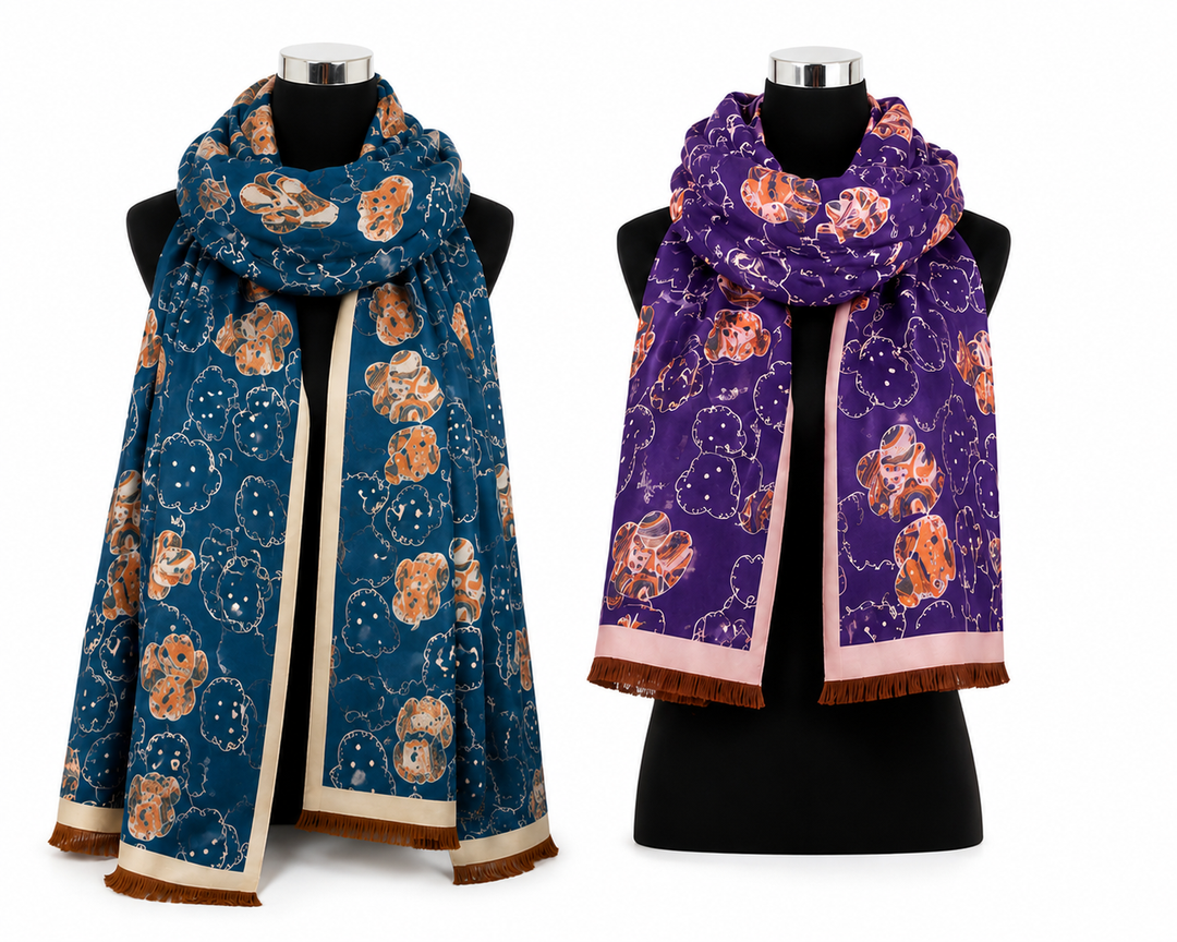Teddy print oversized fringed scarf available in teal blue with cream trim and purple with pink trim.
