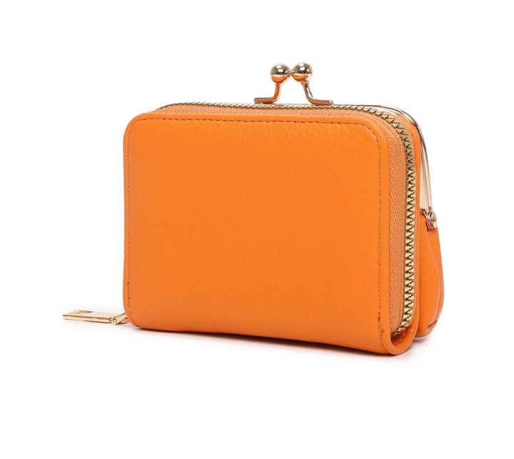 A orange clutch purse with gold detail and a zipper closure.