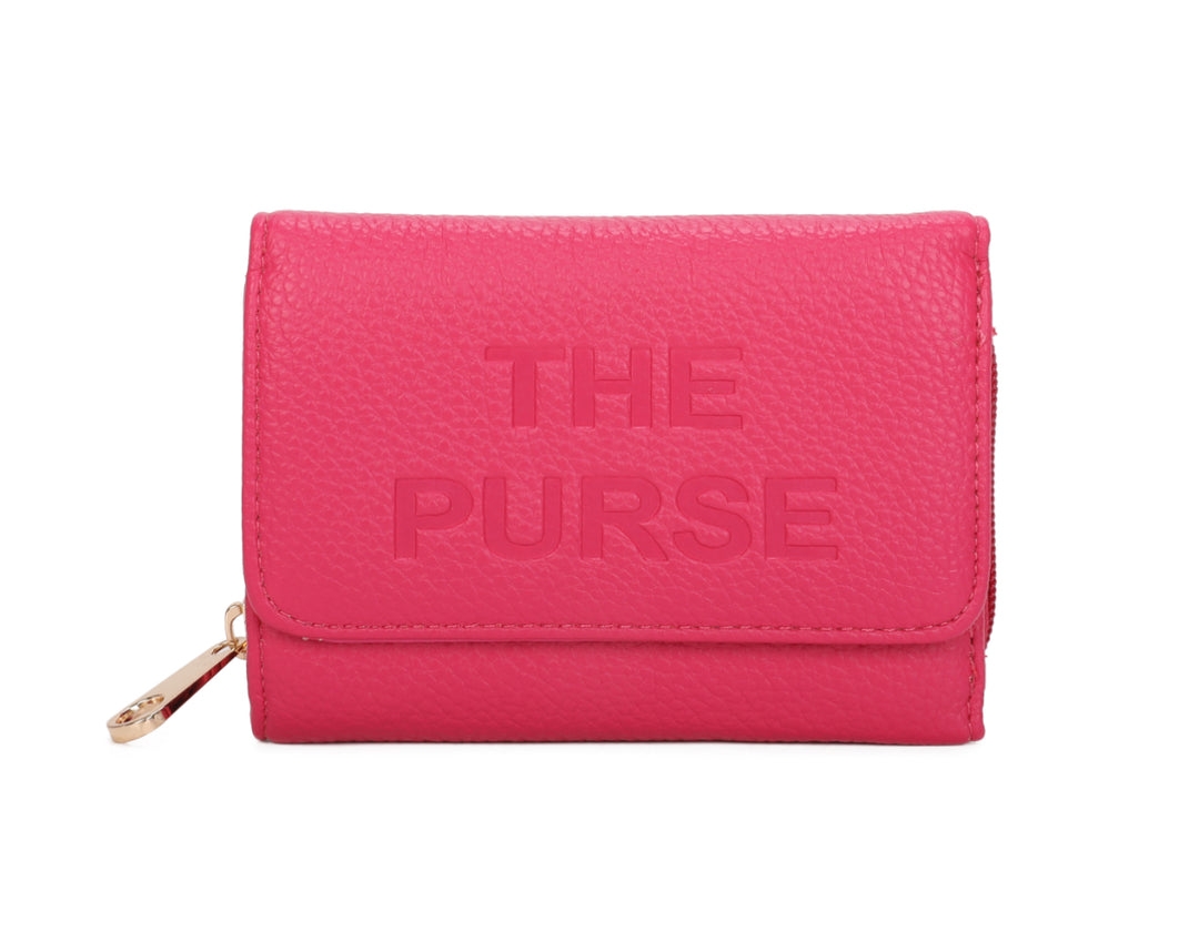 Pink faux leather purse with embossed ‘THE PURSE’ lettering and gold zip detail