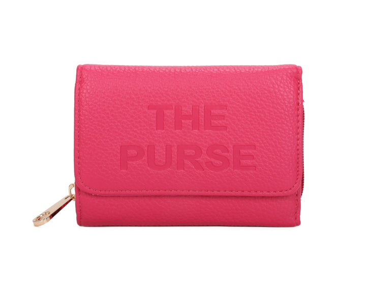Pink faux leather purse with embossed ‘THE PURSE’ lettering and gold zip detail