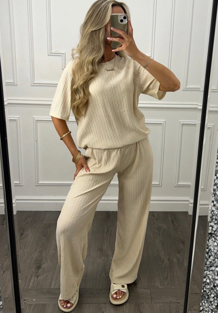 Ribbed Sleeve Top &amp; Wide Leg Trouser Co-Ord Set