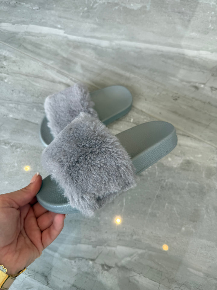 Little girls light grey faux fur slip on sliders 