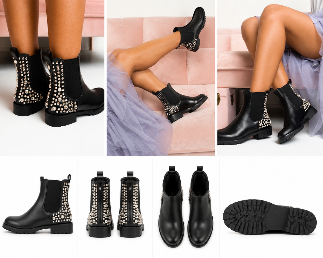 Black crystal studded Chelsea boots with elastic sides and back detail, women’s stylish ankle boots
