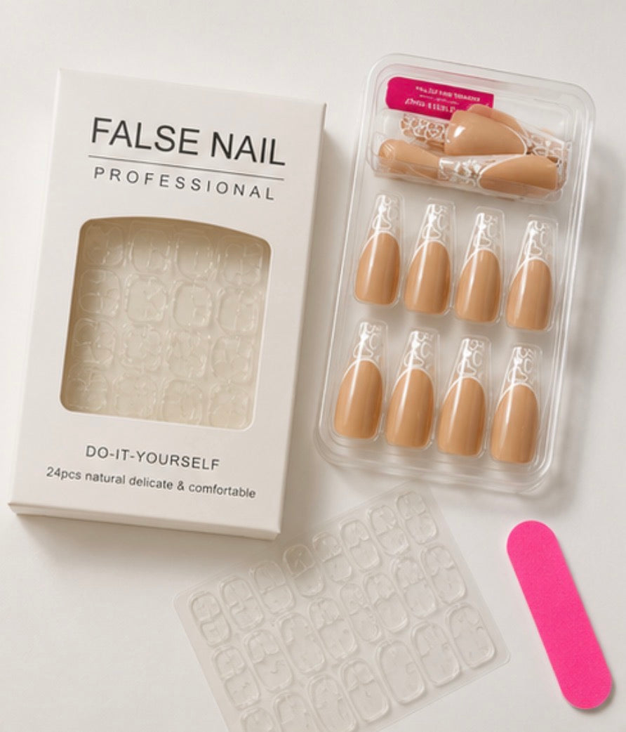 24-piece nude press-on nail set with transparent French tips and white heart detailing