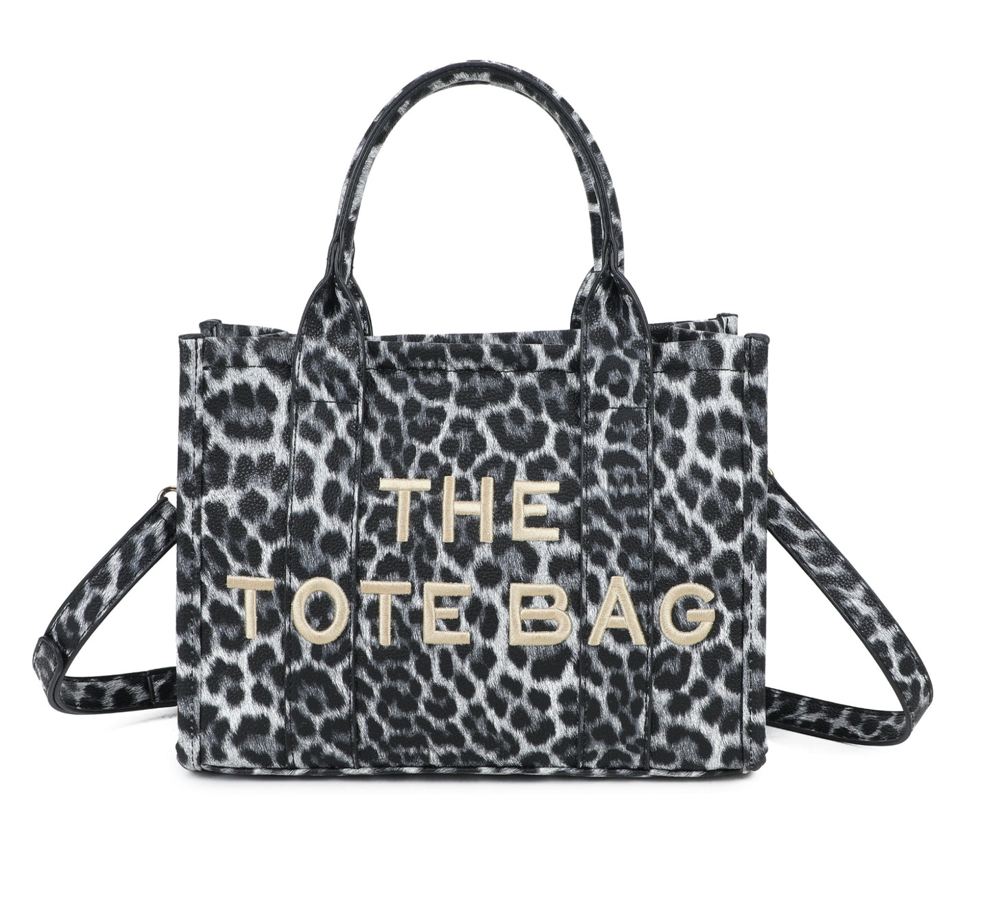 Leopard print tote bag with 'THE TOTE BAG' text with a adjustable detachable long strap