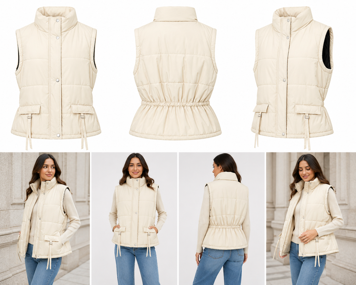 Cream sleeveless padded gilet with high neck, front popper fastening, quilted design, adjustable buckle pocket details and elasticated waist