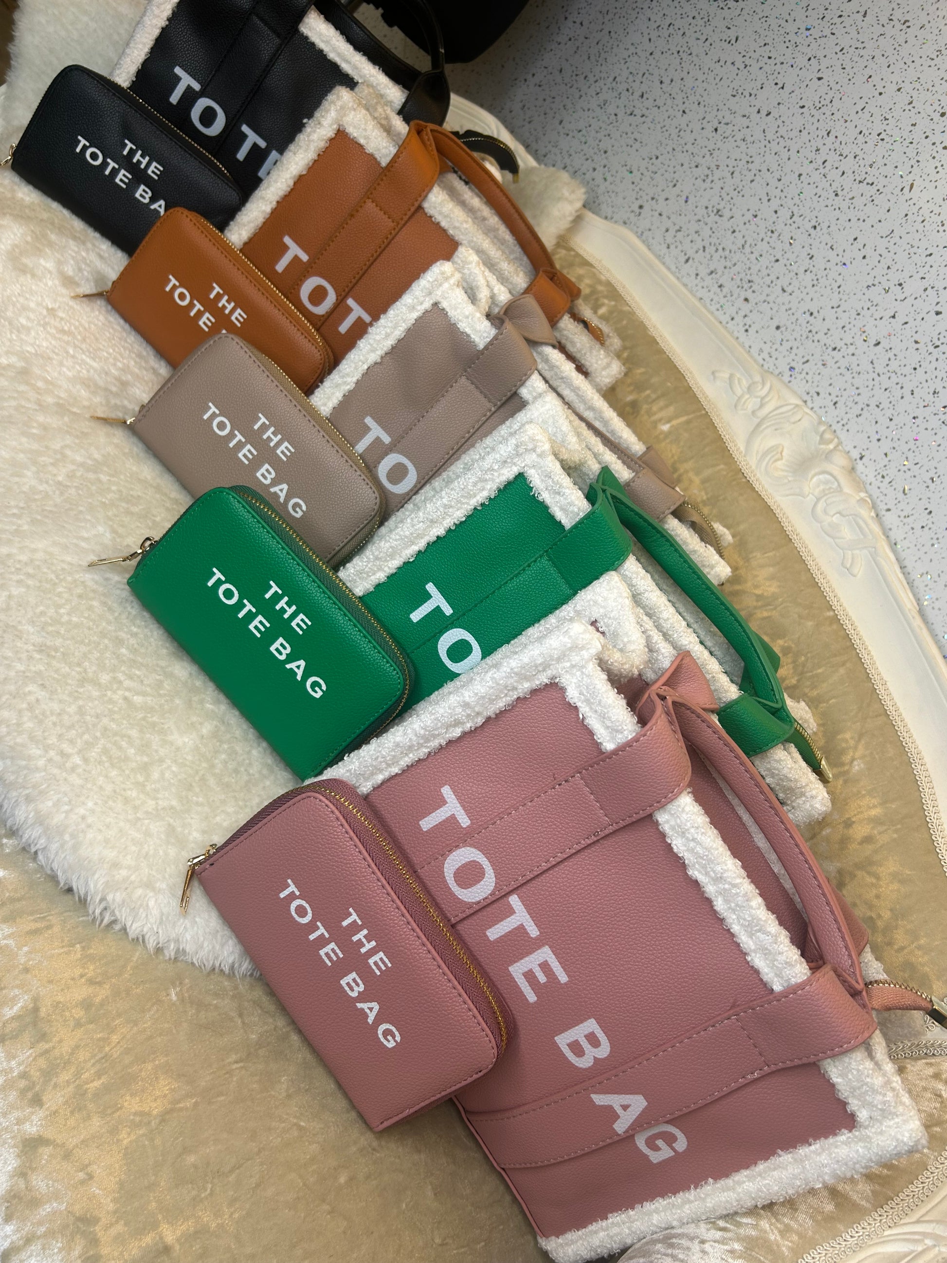 Small fussy edge tote bags with matching purses — fuzzy trim handbags