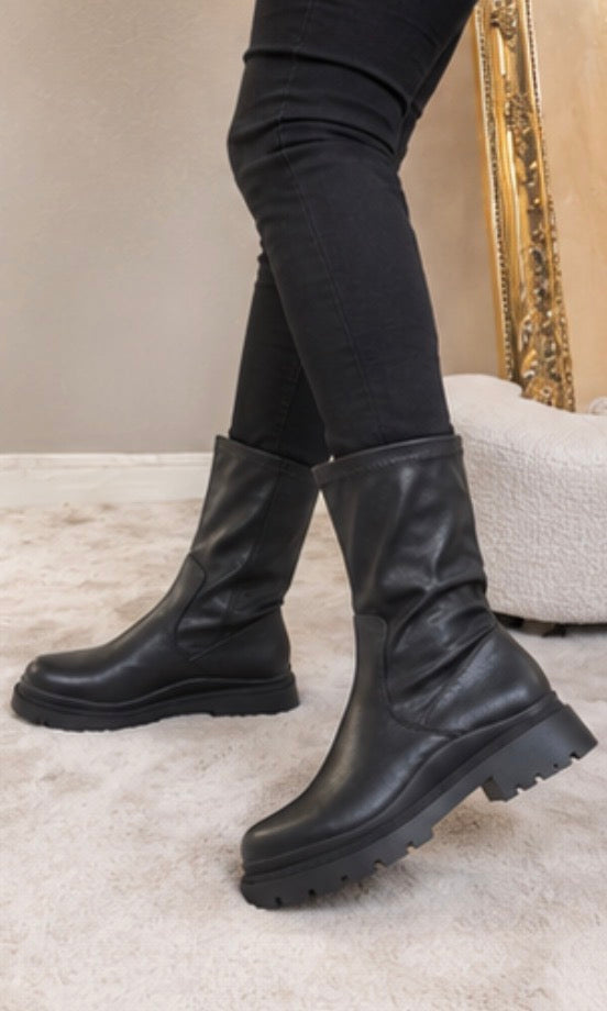Black faux leather chunky sole slip on mid-calf boots 