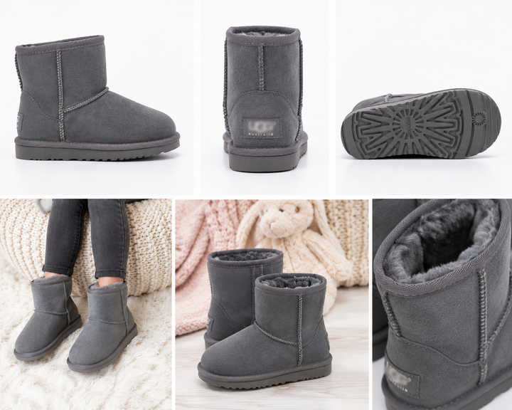 Grey children’s faux suede winter boots with soft faux fur lining