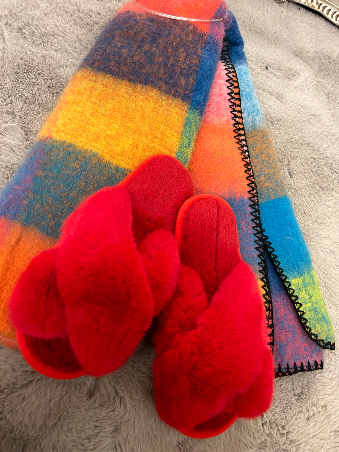 Red slippers and multicoloured scarf bundle 
