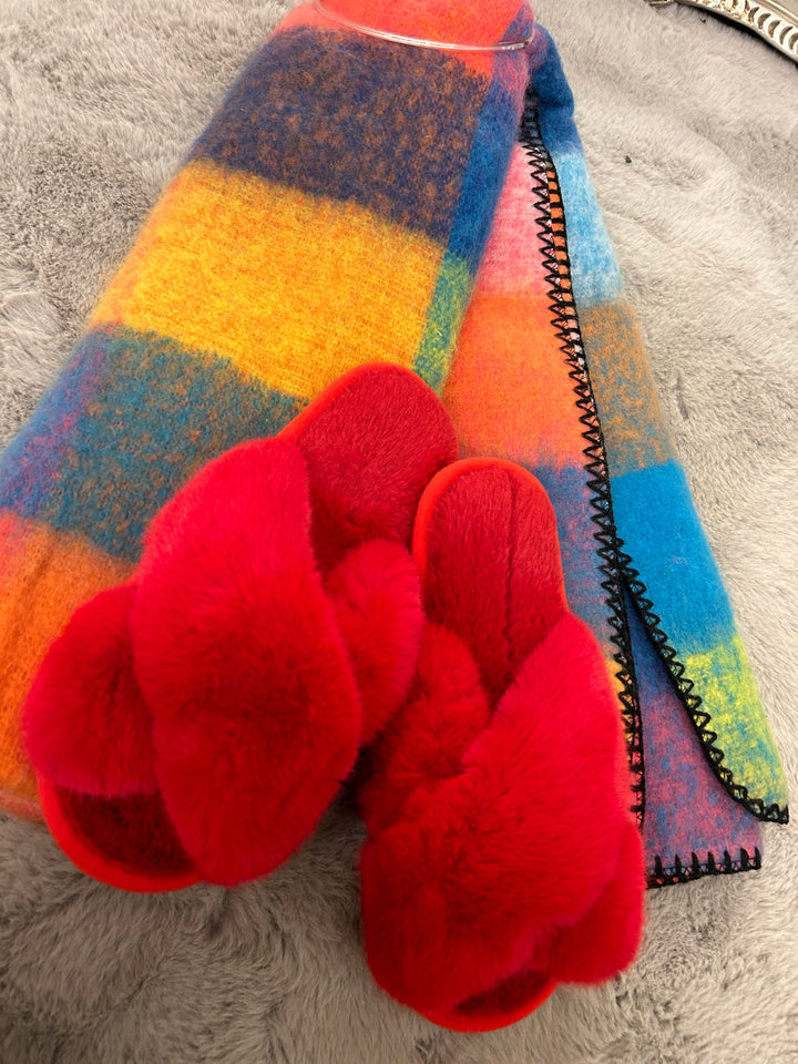 Red slippers and multicoloured scarf bundle 