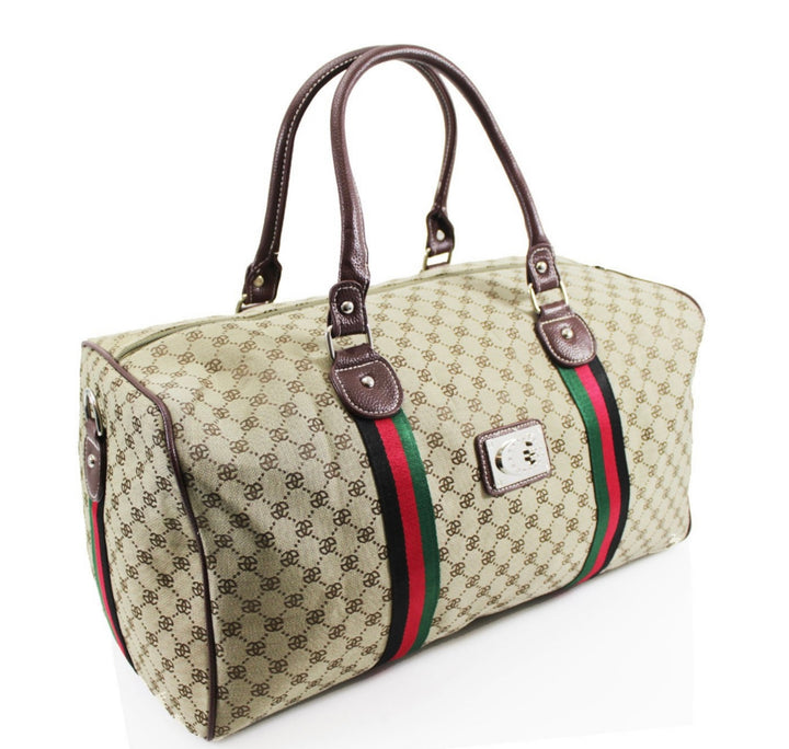 A beige holdall luggage bag with a stripe pattern, featuring red and green accents and a brand plaque.