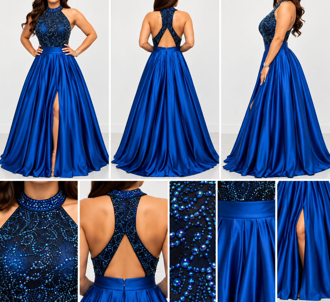 Royal blue size 10 embellished halter neck prom dress with open back, full satin skirt and front leg split