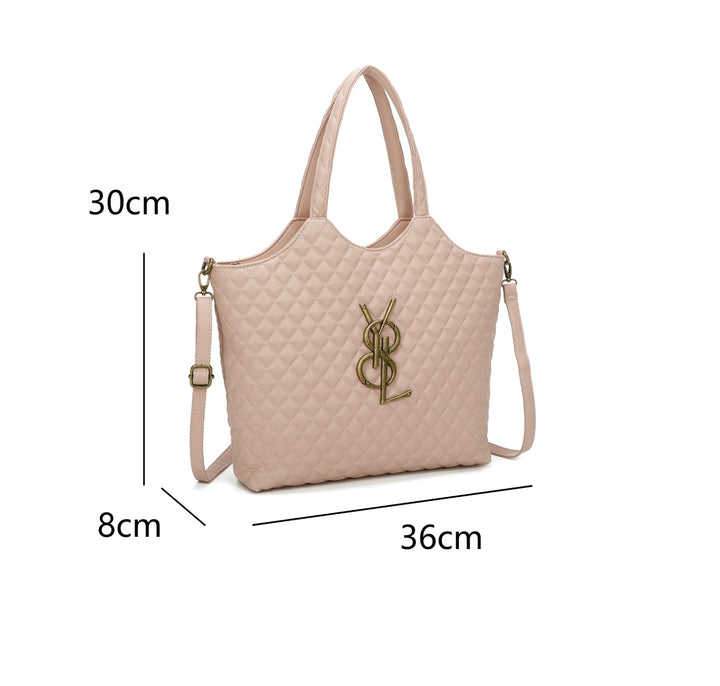 Pink large size quilted bag with gold detailed hardware and long adjustable removable strap