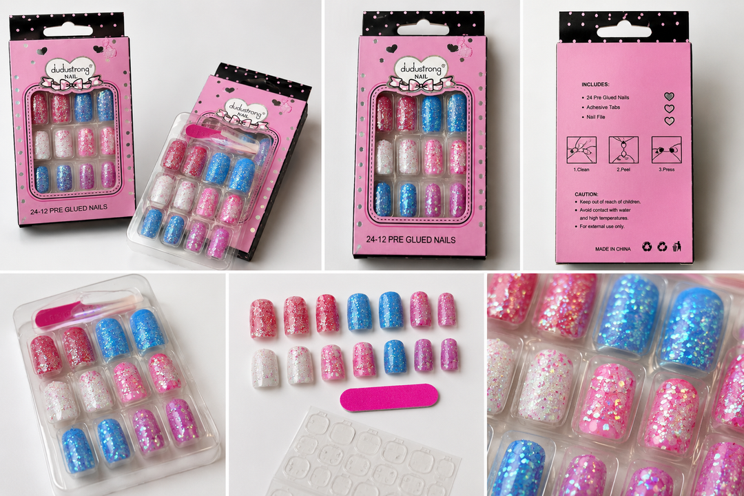 24-piece glitter press-on nail set featuring pink, blue, white and lilac holographic nails 