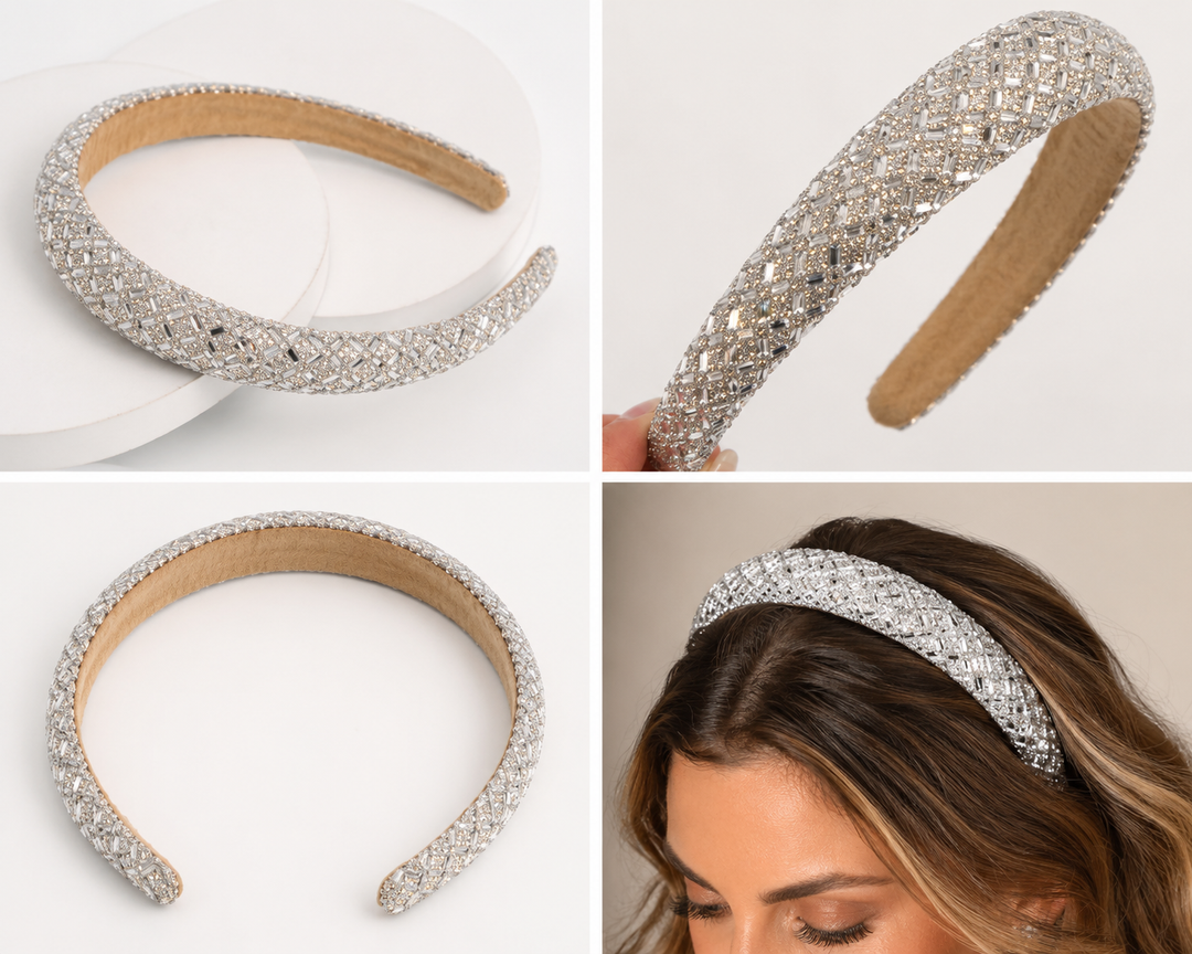 Luxury silver crystal embellished padded headband featuring sparkling rhinestone detailing throughout.