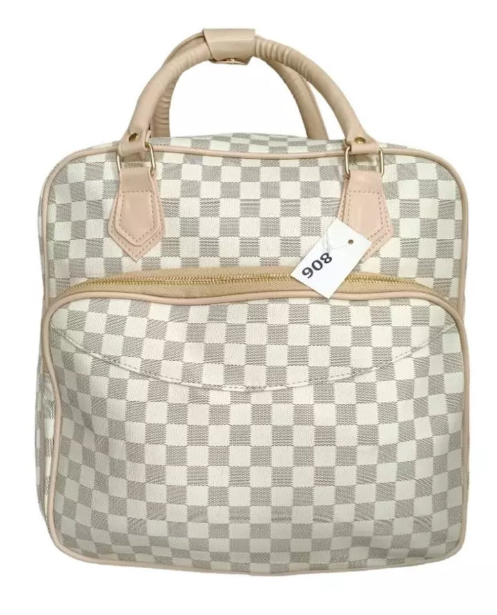 Beige checkered bags/ luggage bag with different coloured handles 