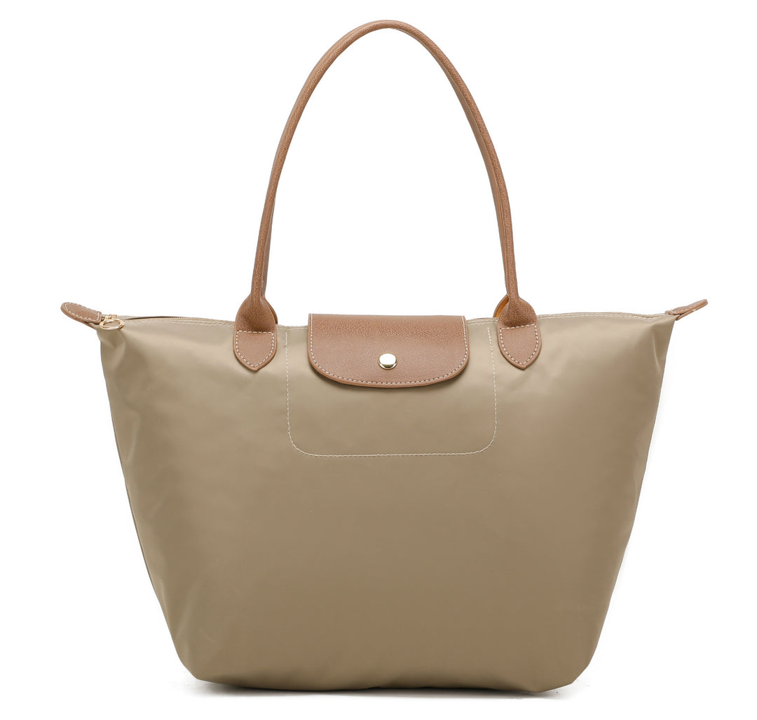 Beige handbag with brown handles and trim