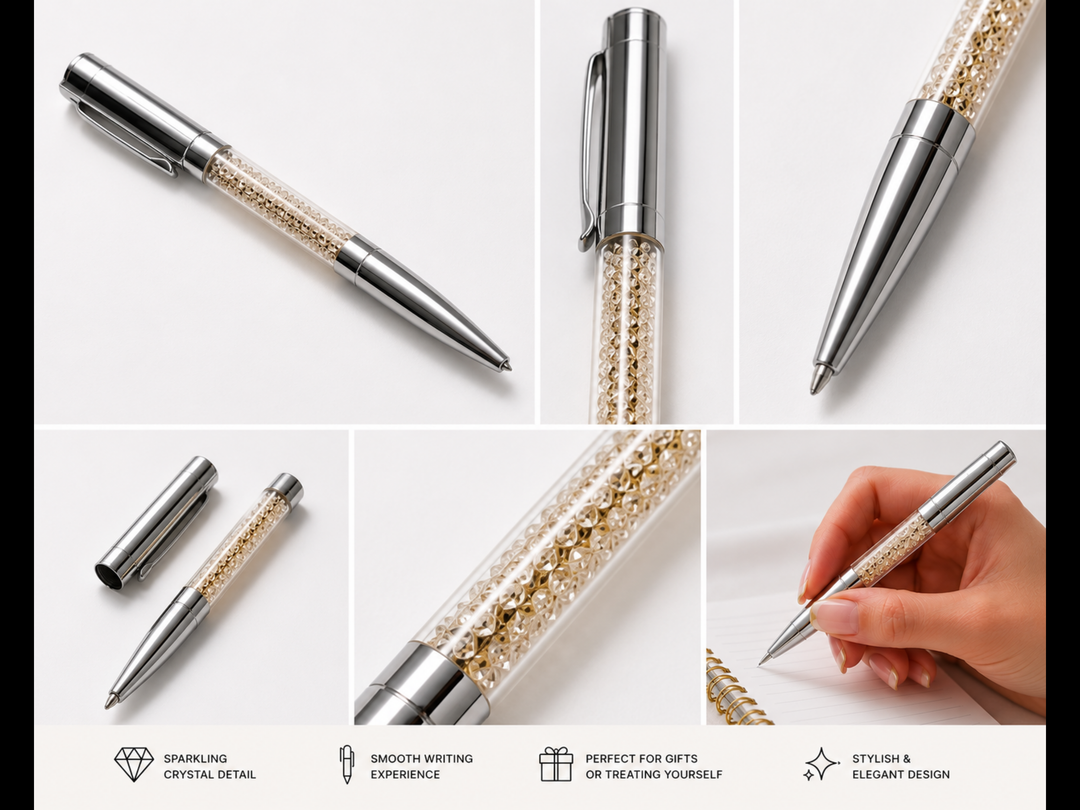 Elegant silver crystal ballpoint pen with sparkling crystal-filled transparent barrel
