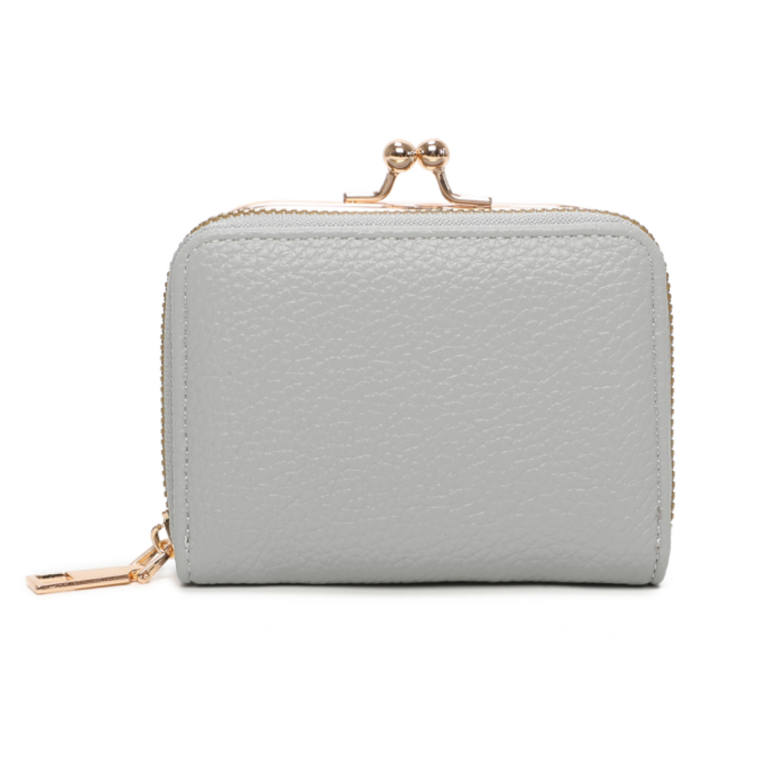 A grey clutch purse with gold detail and a zipper closure.