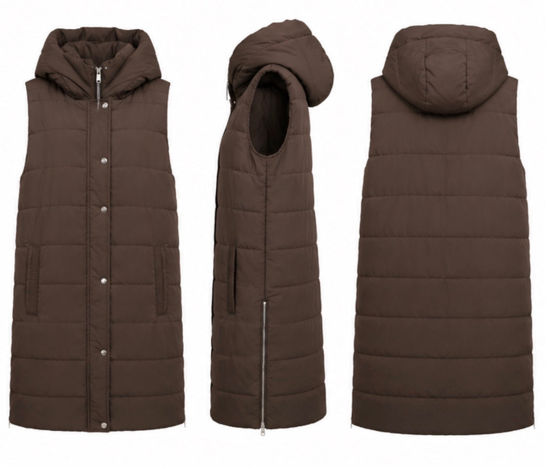 Long brown padded gilet with hood, quilted design and front zip fastening, sleeveless puffer bodywarmer with pockets