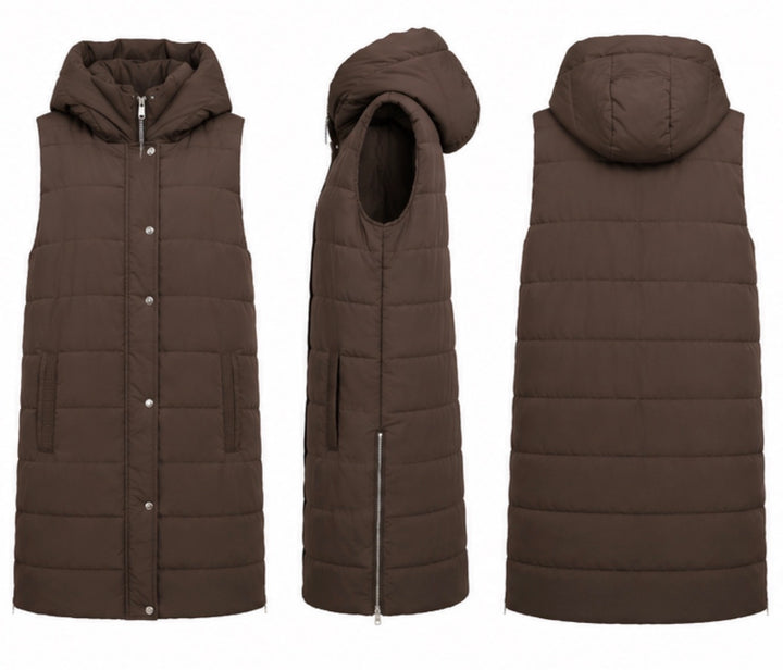 Long brown padded gilet with hood, quilted design and front zip fastening, sleeveless puffer bodywarmer with pockets