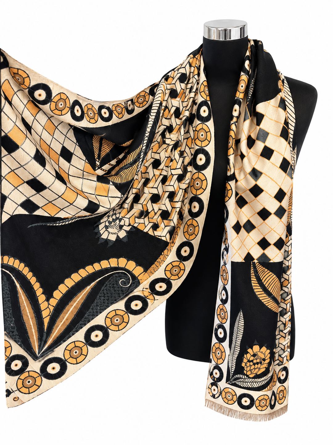 Luxury oversized mixed print scarf in taupe, cream, black and golden tones 