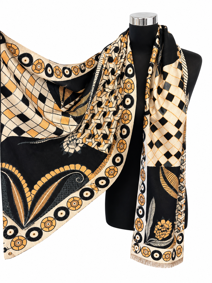 Luxury oversized mixed print scarf in taupe, cream, black and golden tones 