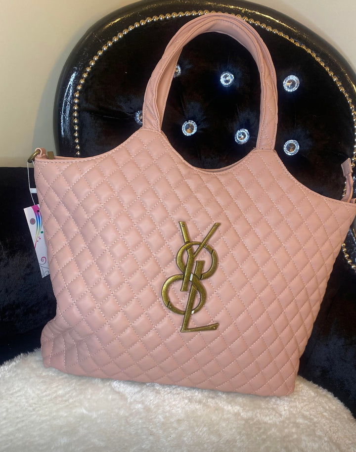 Pink large size quilted bag with gold detailed hardware and long adjustable removable strap